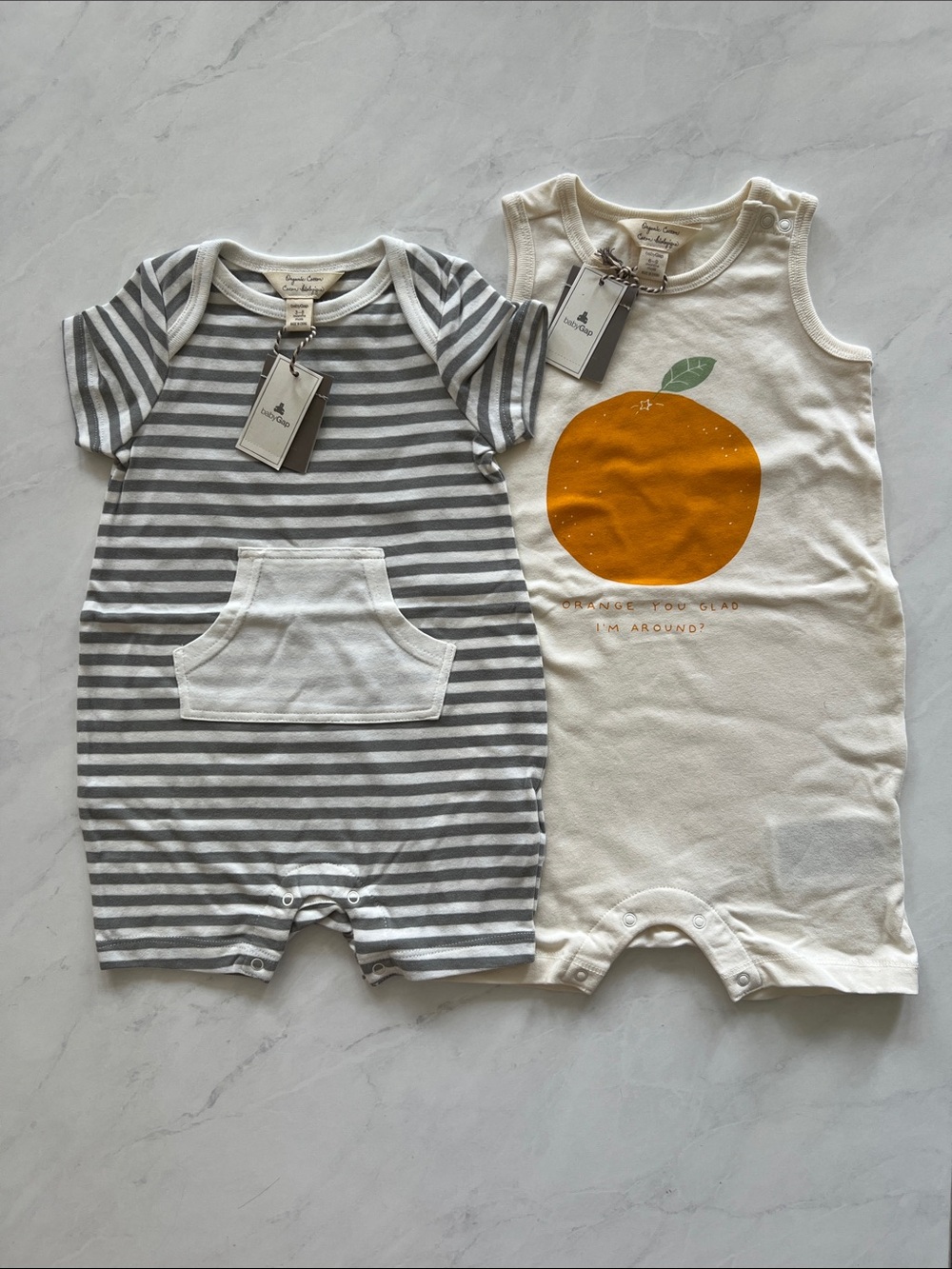 Baby Gap Gray Stripe and Cream Orange-Print One-Piece Set Sizes 3-6 & 6-9 months